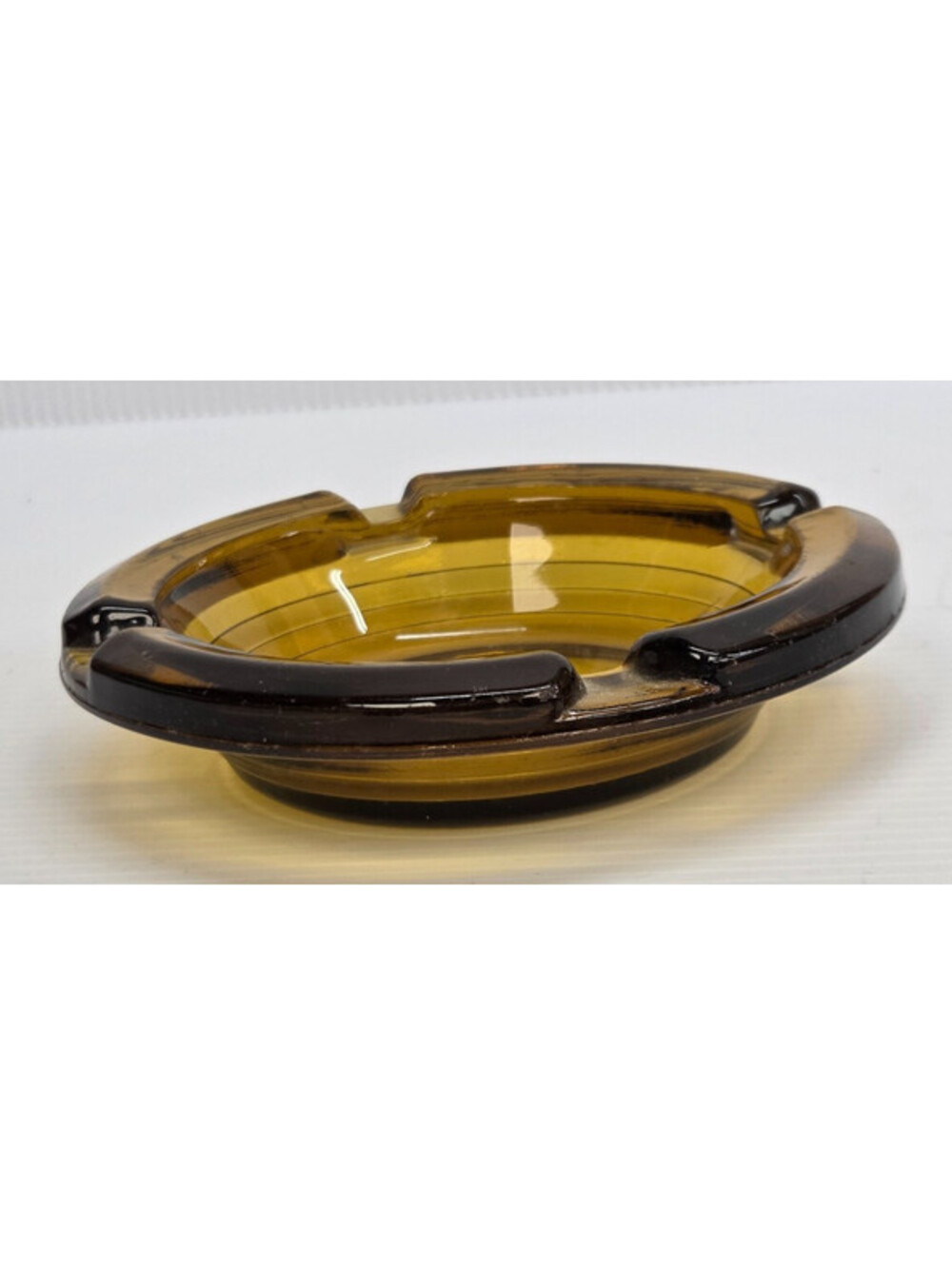 Vintage Amber Glass Ashtray Round 4 Slot Heavy Mid Century Tobacciana